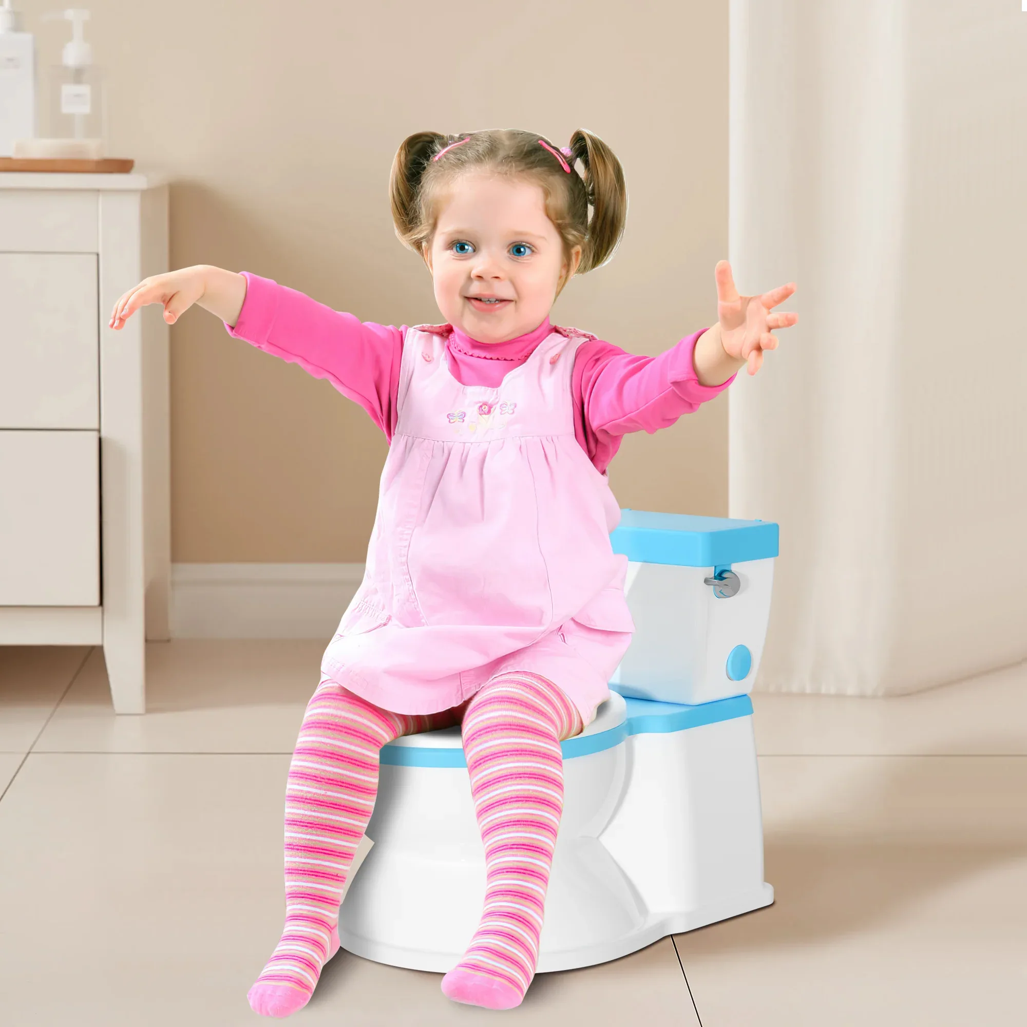 2-in-1 Toddler Potty Training Toilet with Flushing Sound,Blue – Detachable Seat for Boys & Girls, Wipes & Toilet Paper Storage, Easy Clean - Image 6