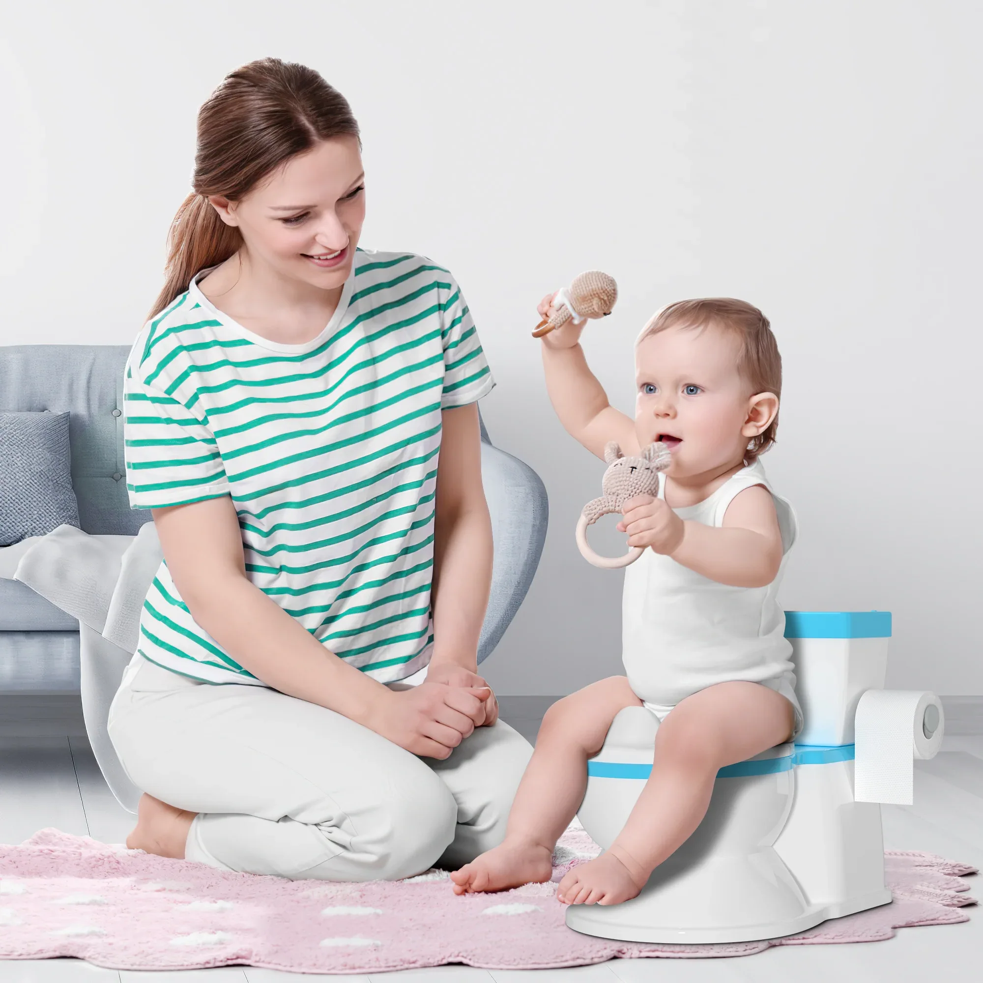 2-in-1 Toddler Potty Training Toilet with Flushing Sound,Blue – Detachable Seat for Boys & Girls, Wipes & Toilet Paper Storage, Easy Clean - Image 7