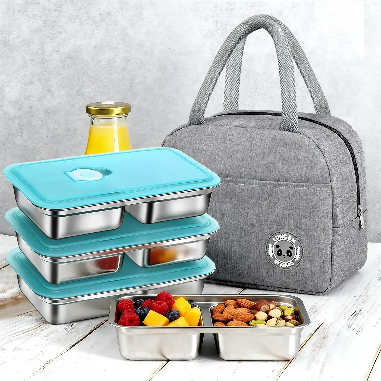 9 Pcs Stainless Steel Snack Containers with Lids and Lunch Box Bag, Grab and Go Snack Containers, Reusable 2 Compartment Stainless Steel Food Storage Containers Set for Travel & Outdoor Camping - Image 7