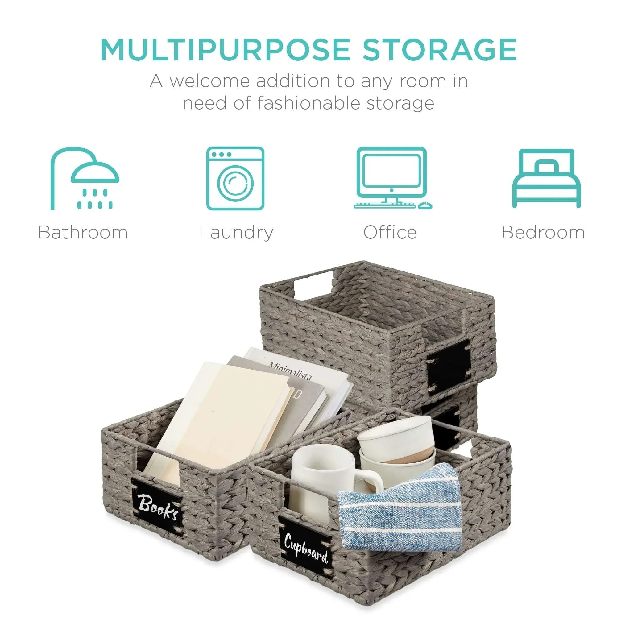 Best Choice Products Set of 4 12in Woven Water Hyacinth Pantry Baskets w/ Chalkboard Label, Chalk Marker - Image 20