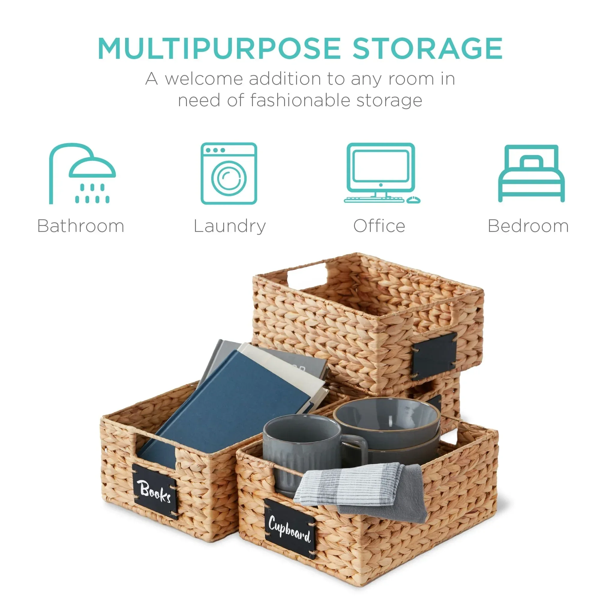 Best Choice Products Set of 4 12in Woven Water Hyacinth Pantry Baskets w/ Chalkboard Label, Chalk Marker - Image 34