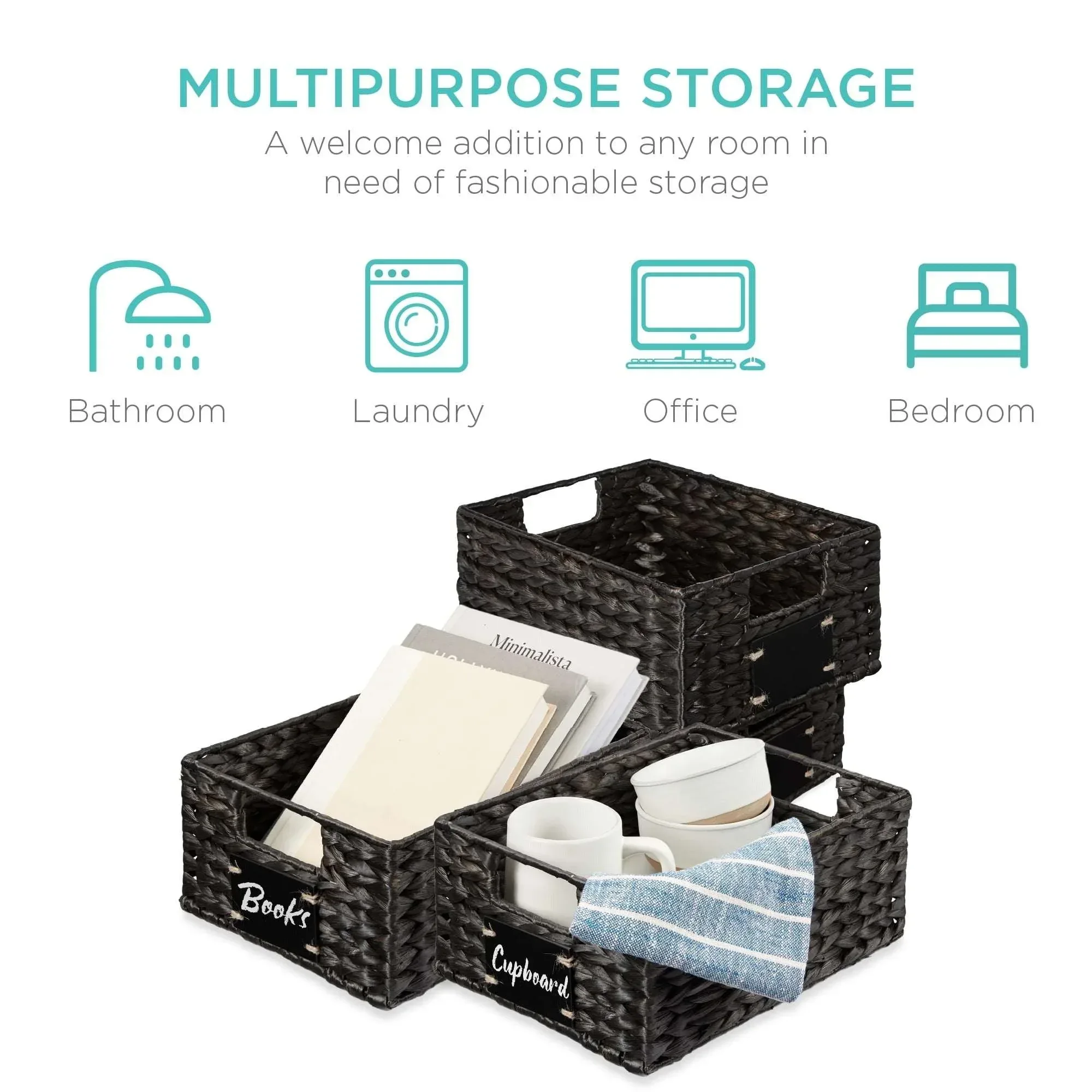 Best Choice Products Set of 4 12in Woven Water Hyacinth Pantry Baskets w/ Chalkboard Label, Chalk Marker - Image 6