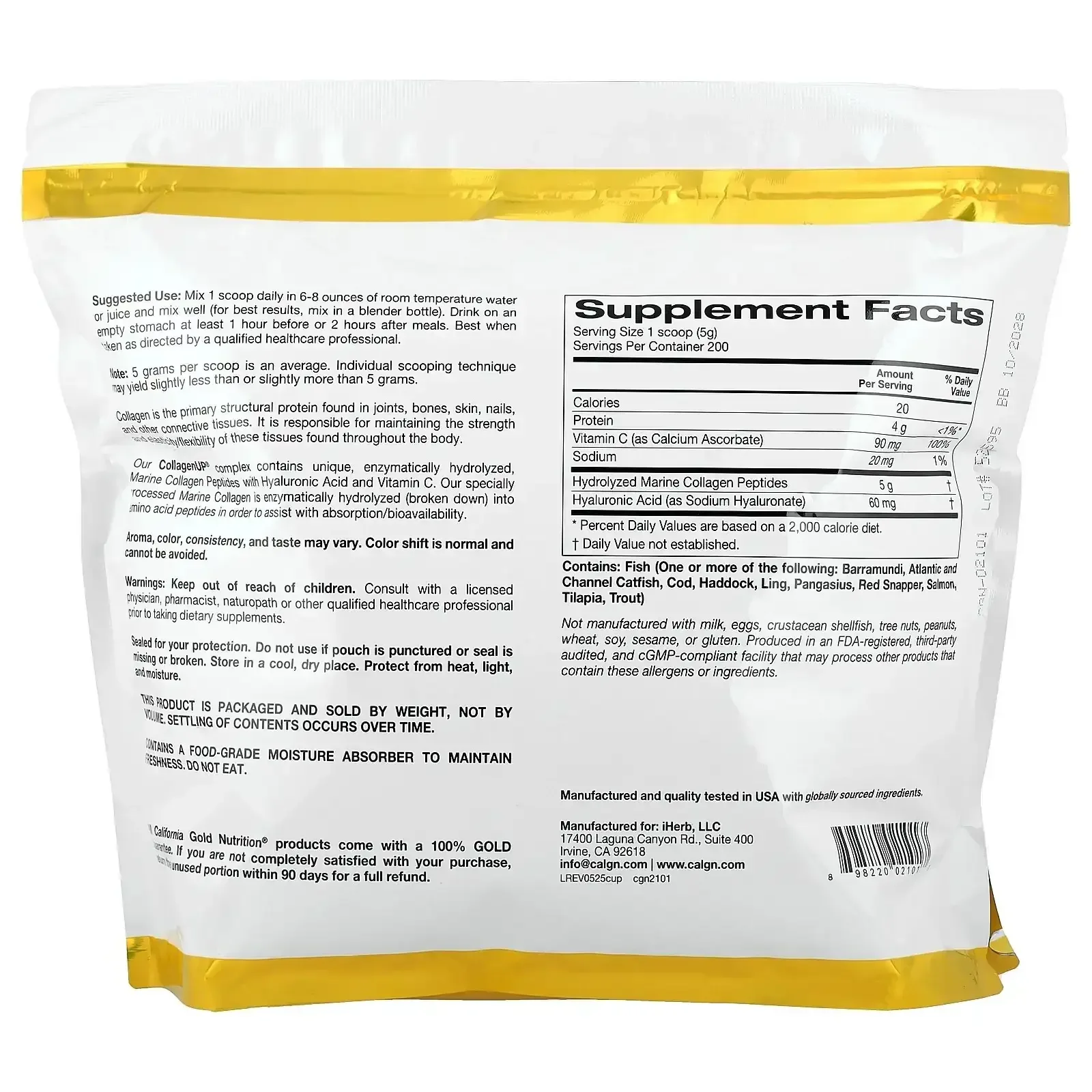 California Gold Nutrition CollagenUP®, Hydrolyzed Marine Collagen Peptides with Hyaluronic Acid and Vitamin C, Unflavored, 7.26 oz (206 g) - Image 10