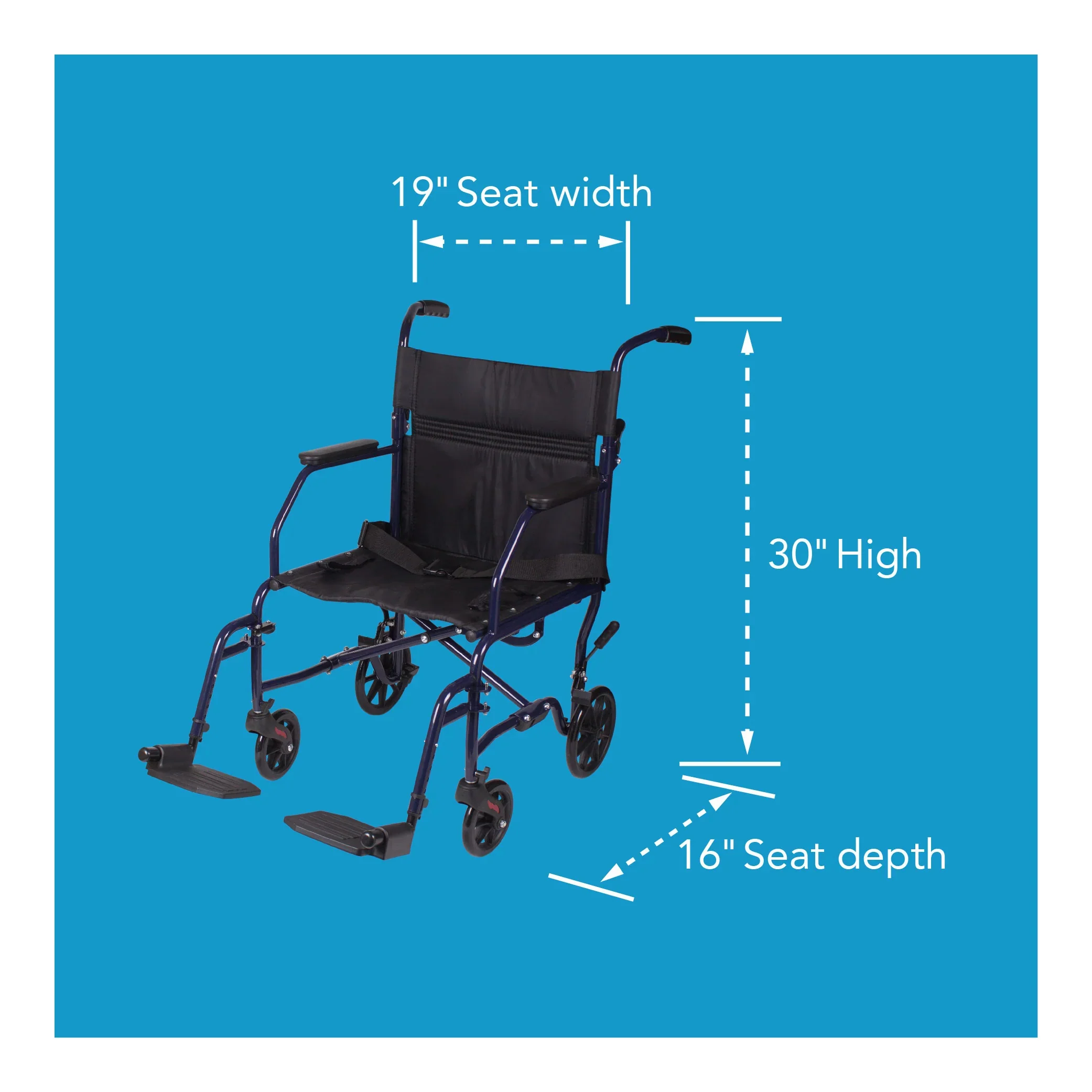 Carex Steel Transport Chair with 19" Seat, Swing-Away Footrests, Blue, 300 lb Weight Capacity - Image 6