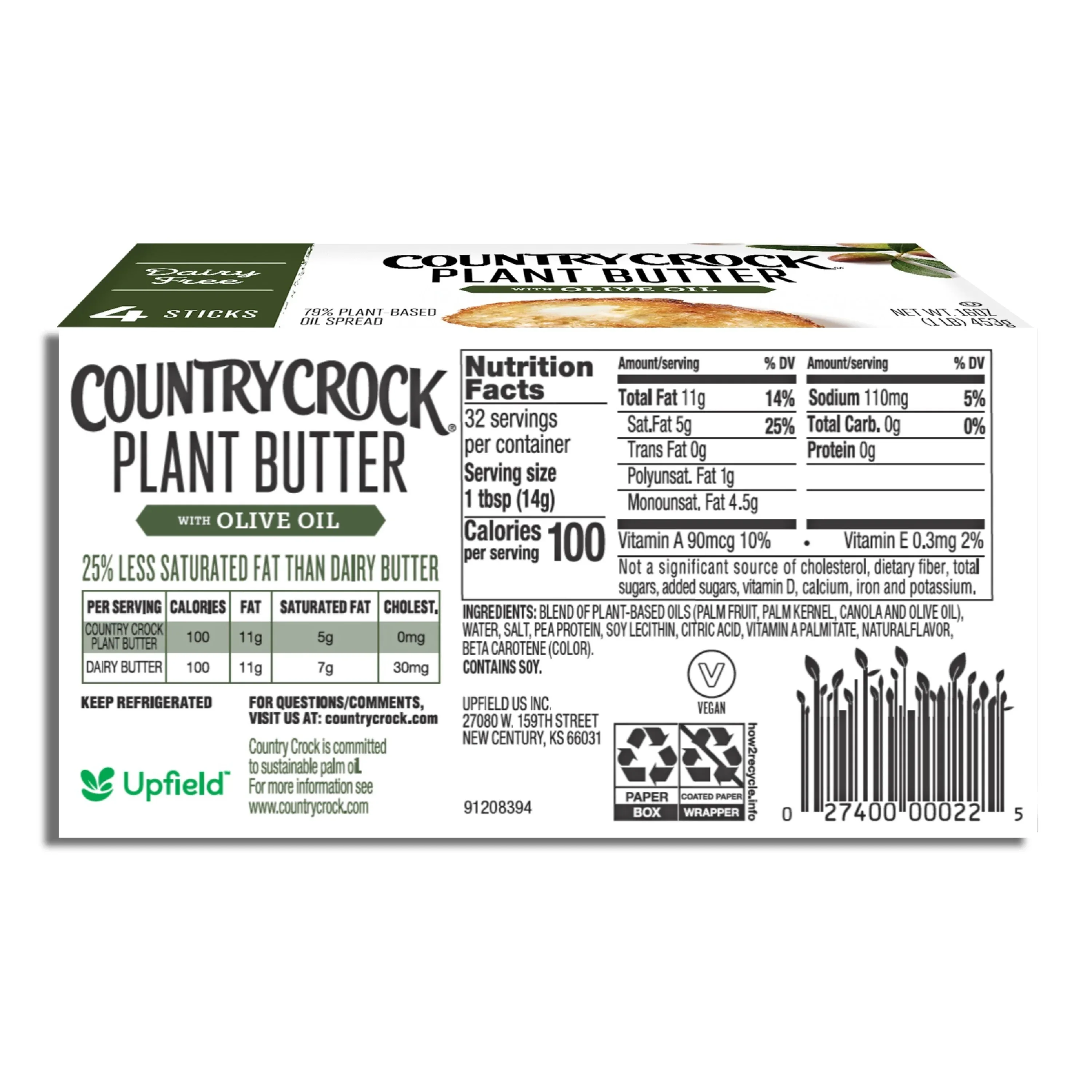 Country Crock Dairy Free Vegan Plant Butter with Olive Oil, 16 oz, 4 Sticks (Refrigerated) - Image 4