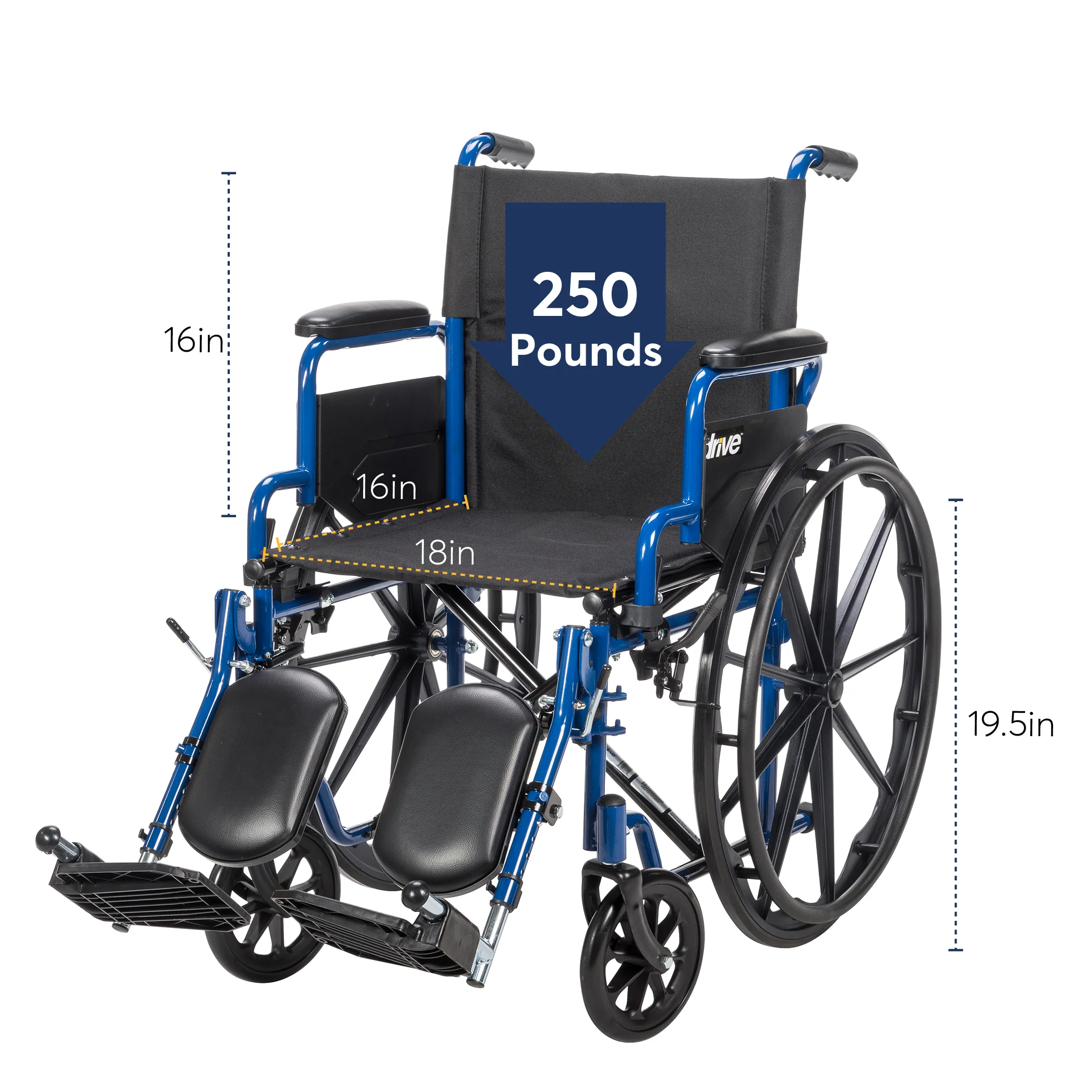 Drive Medical Blue Streak Wheelchair with Flipback Desk Arms, Elevating Leg Rests, 18" Seat, Steel Frame - Image 6