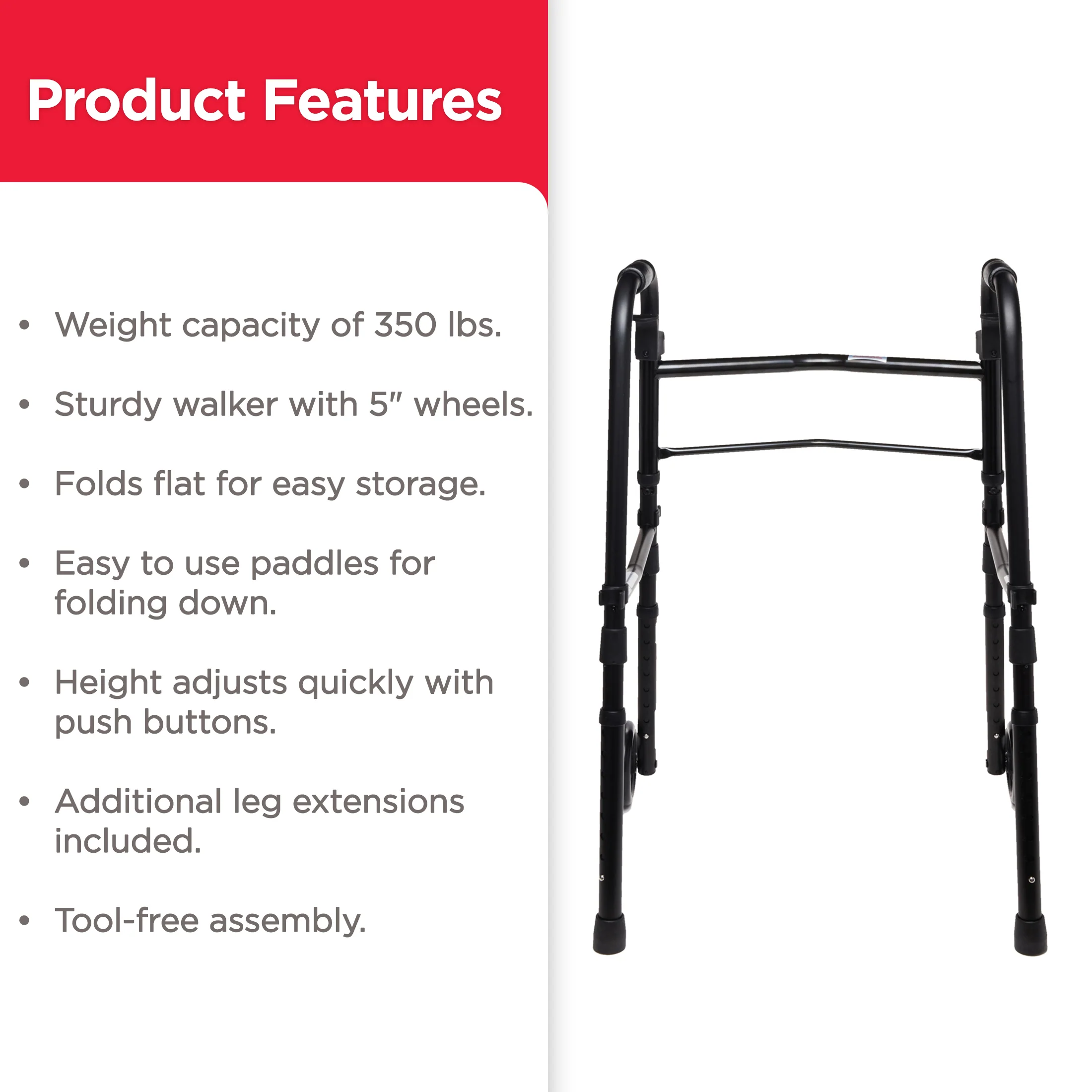 Equate Folding Walker with 5-Inch Wheels, Black – 350 lb Weight Capacity - Image 6