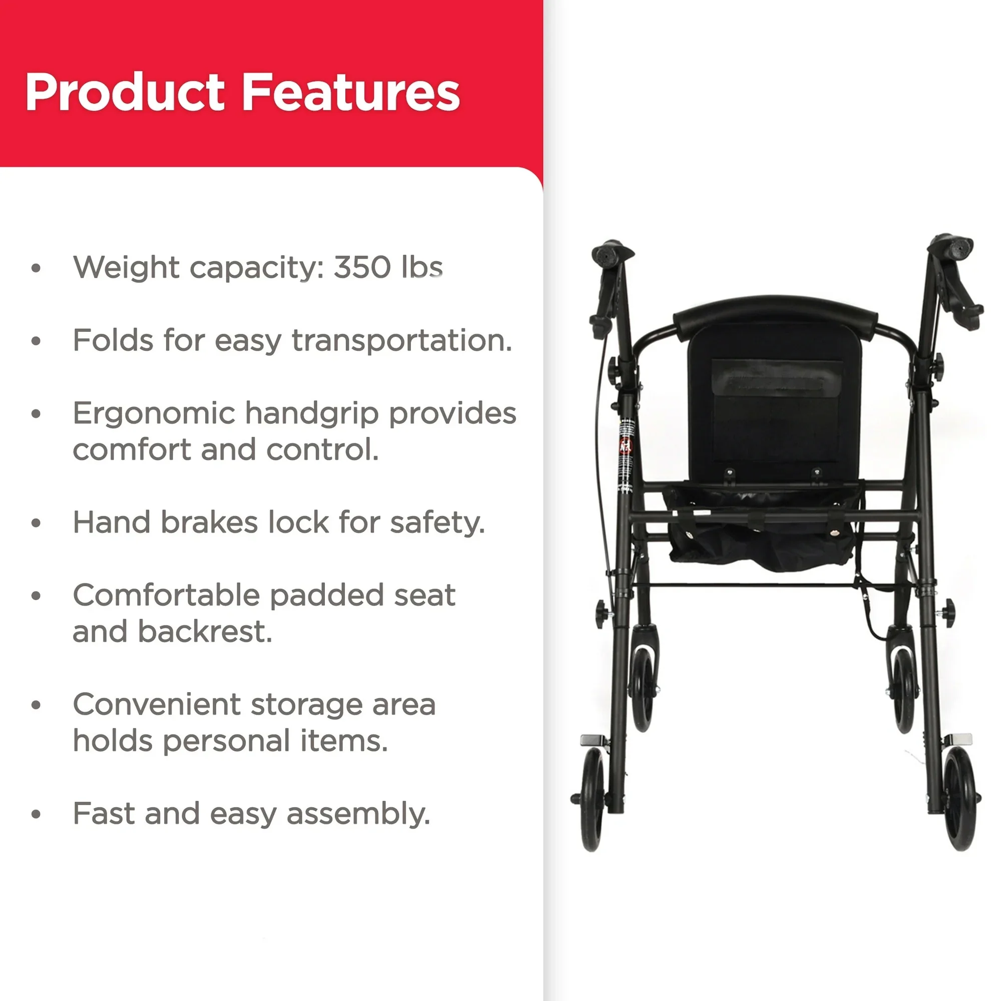 Equate Rolling Walker for Seniors, Rollator with Seat and Wheels, Black, 350 lb Capacity - Image 5