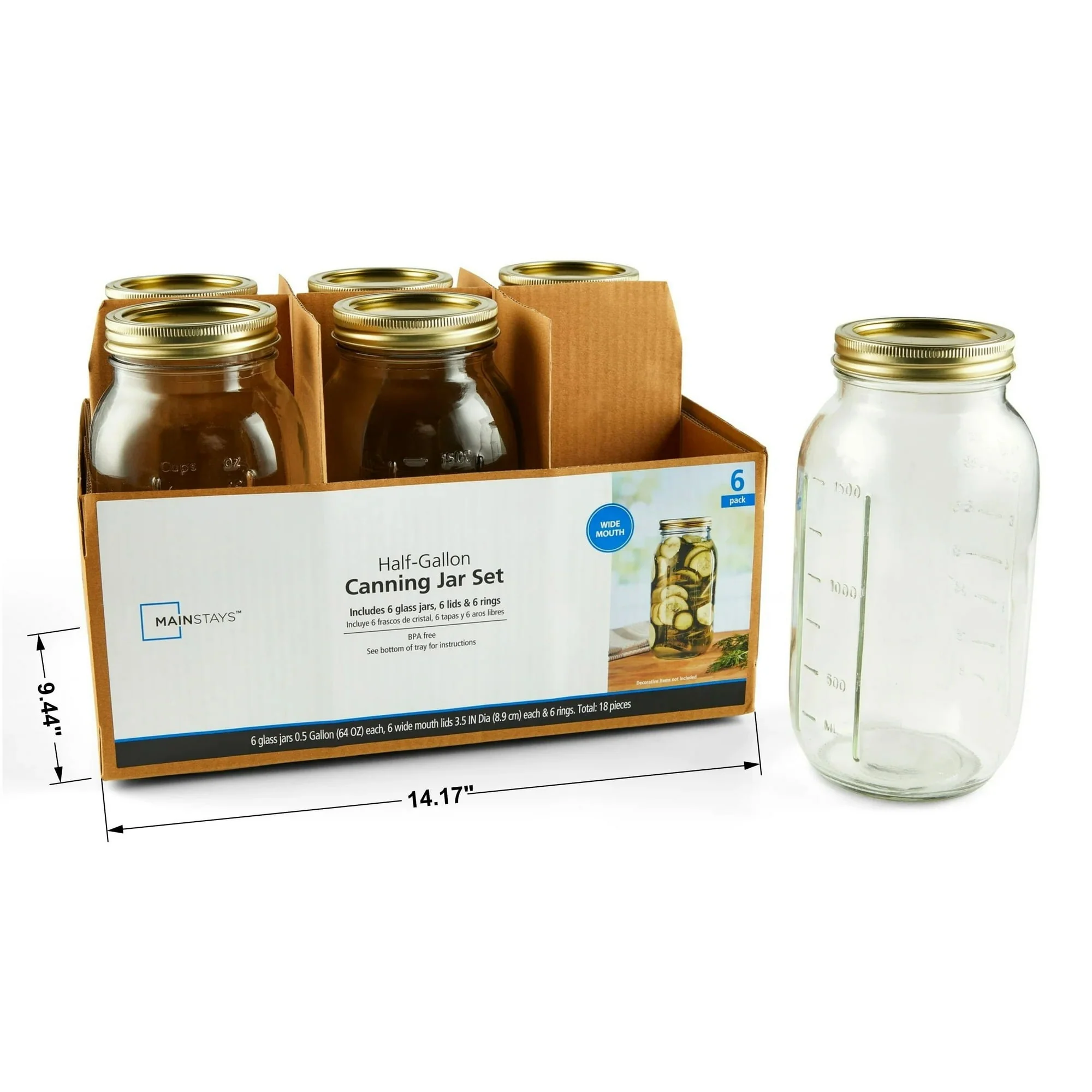 Mainstays 64 oz Mason Jars, Wide Mouth Half Gallon Canning Jars with Lids and Rings, 6-Pack Extra Large Glass Jars for Home Canning and Pantry Storage - Image 3