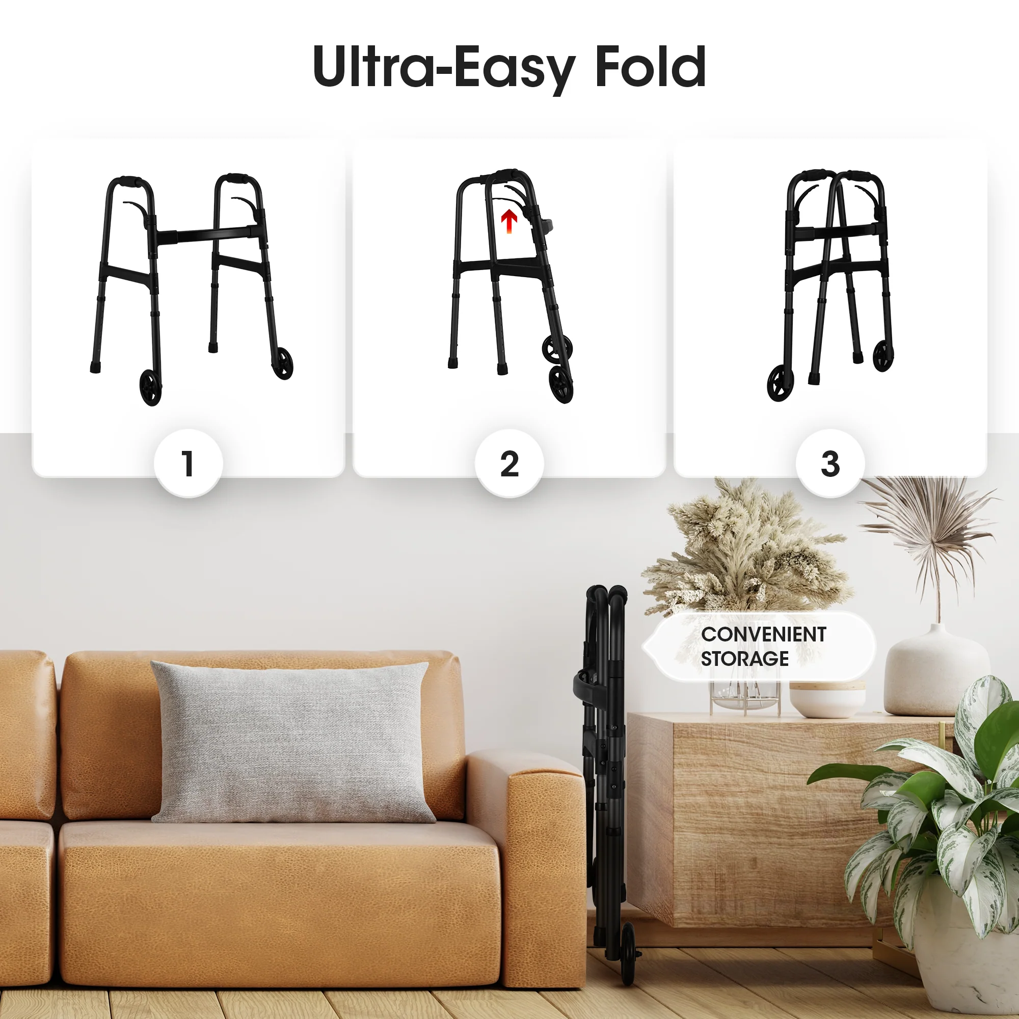 MaxKare Folding Walker with Wheels, 8 Levels Adjustable Height 30.5"-37.5", 300lbs Weight Capacity, Lightweight, for Senior, Black - Image 7