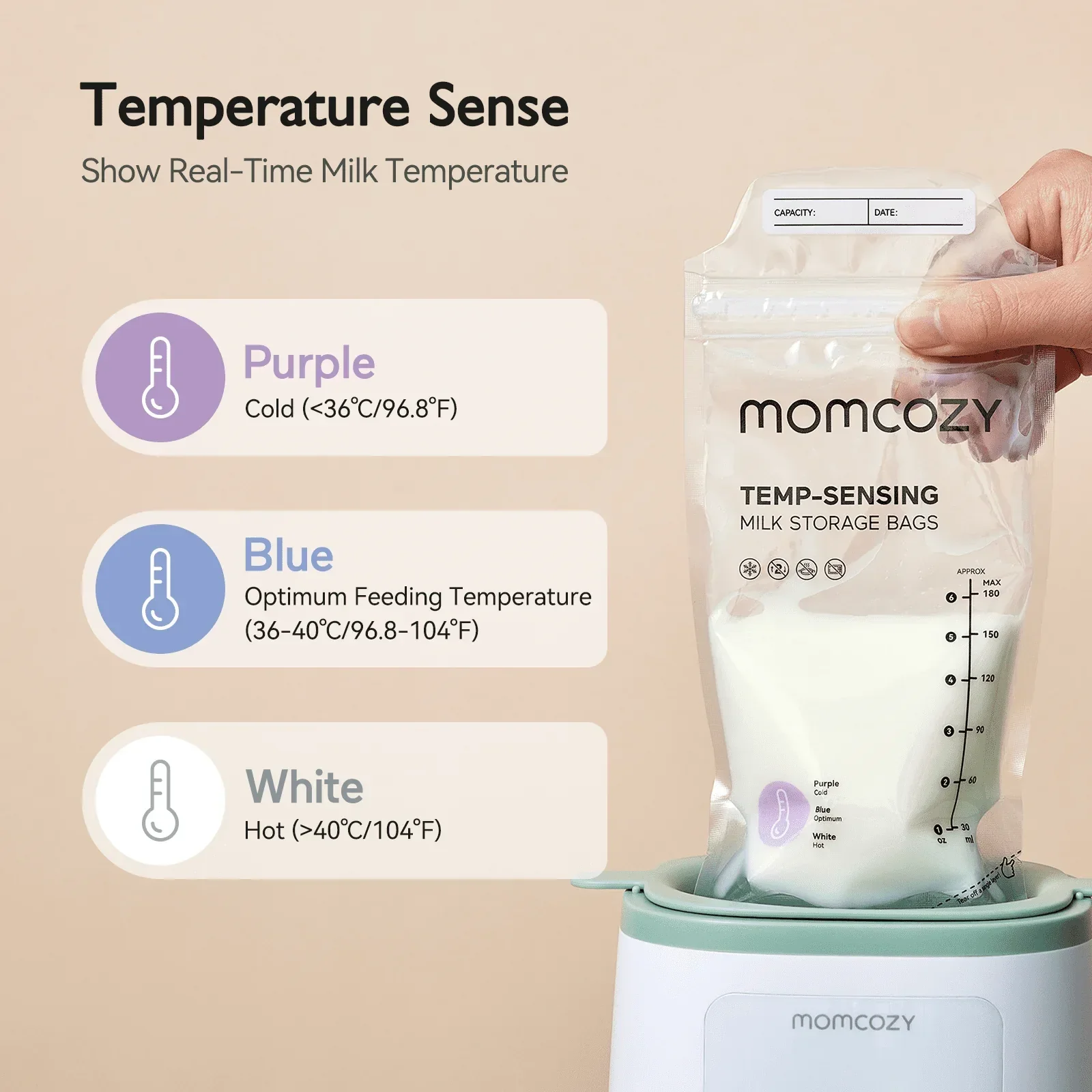 Momcozy Baby Bottle Warmer, 6-in-1 Smart Temperature Control, Fast Baby Food Heater, Steam Sterilizer & Momcozy Breastmilk Storage Bags, Temp-Sensing Discoloration Milk Storage Bags, 180ml/120 Count - Image 11