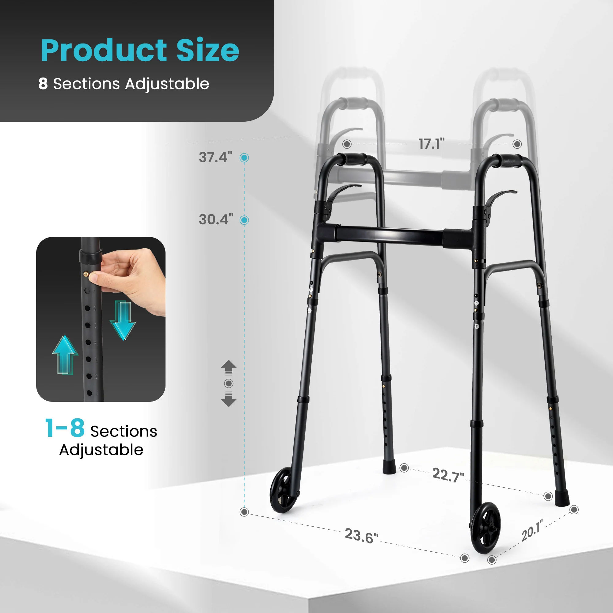 Naipo Compact Folding Walker for Seniors & Adults, Deluxe Lightweight Mobility Aids Walker with 5" Wheels and Trigger Release up to 300 lbs, Aluminium - Image 5