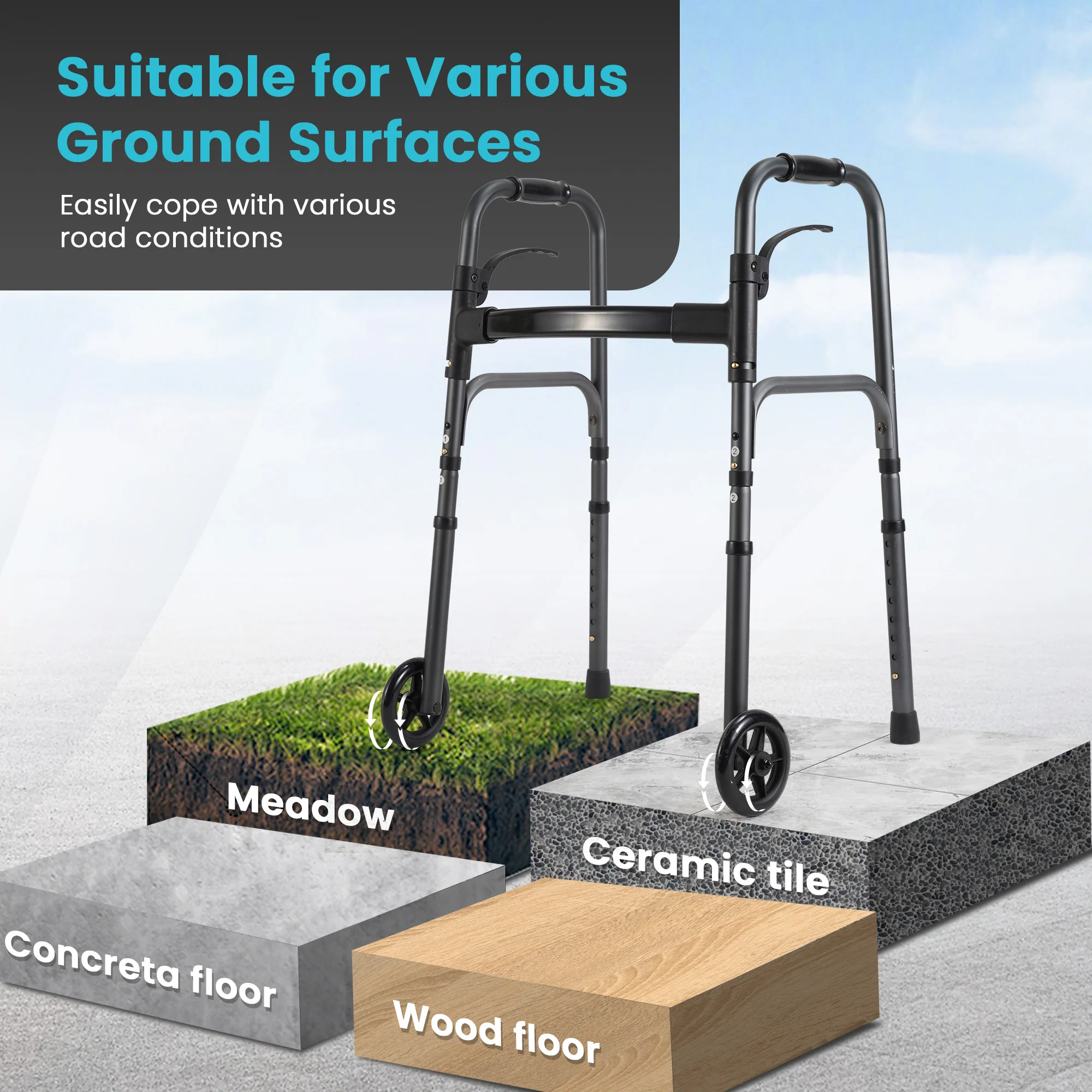 Naipo Compact Folding Walker for Seniors & Adults, Deluxe Lightweight Mobility Aids Walker with 5" Wheels and Trigger Release up to 300 lbs, Aluminium - Image 6