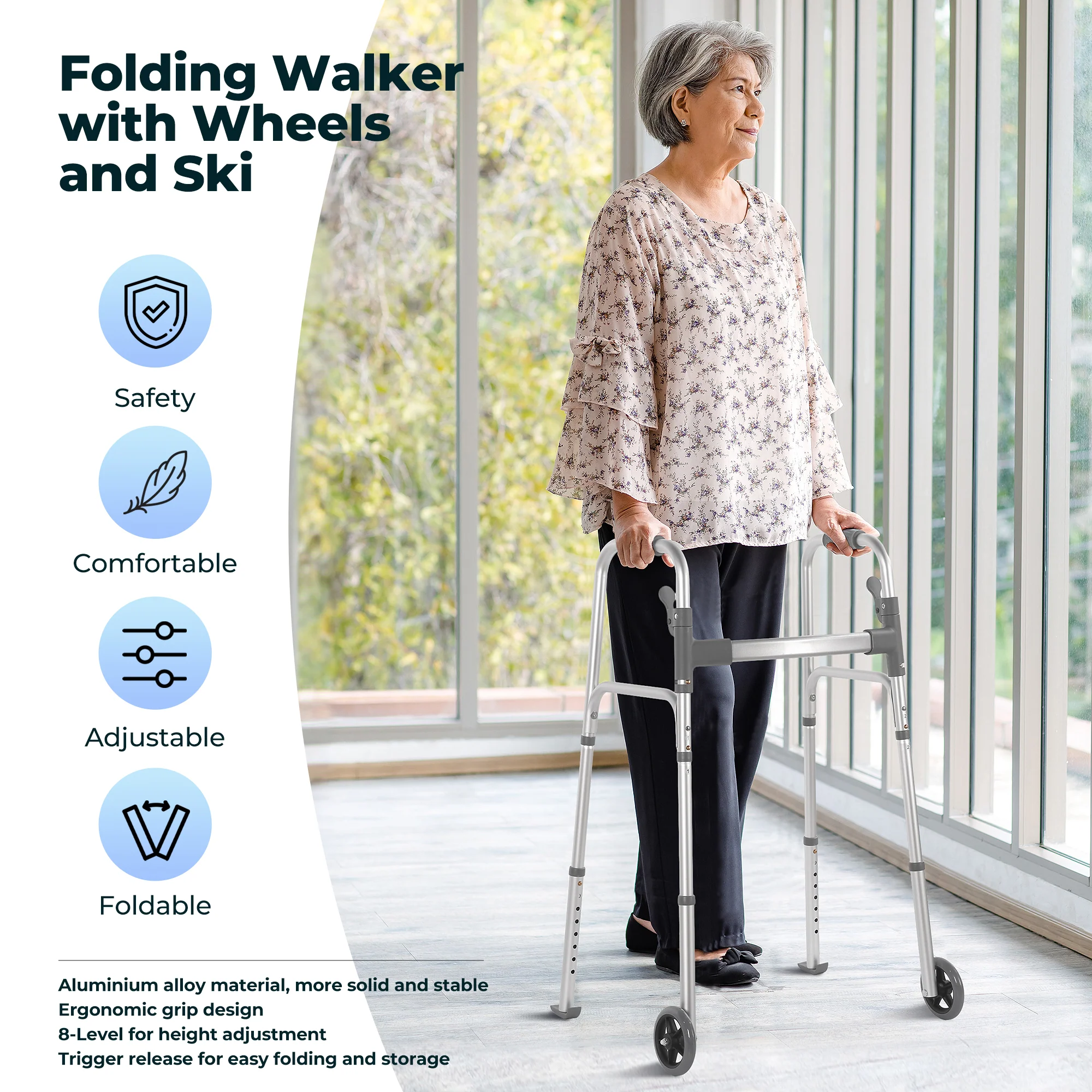 Naipo Compact Folding Walker with Trigger Release and Glide Skis for Seniors Elderly, 5 Inches Front Wheels Support Up to 350lbs, Silver - Image 3