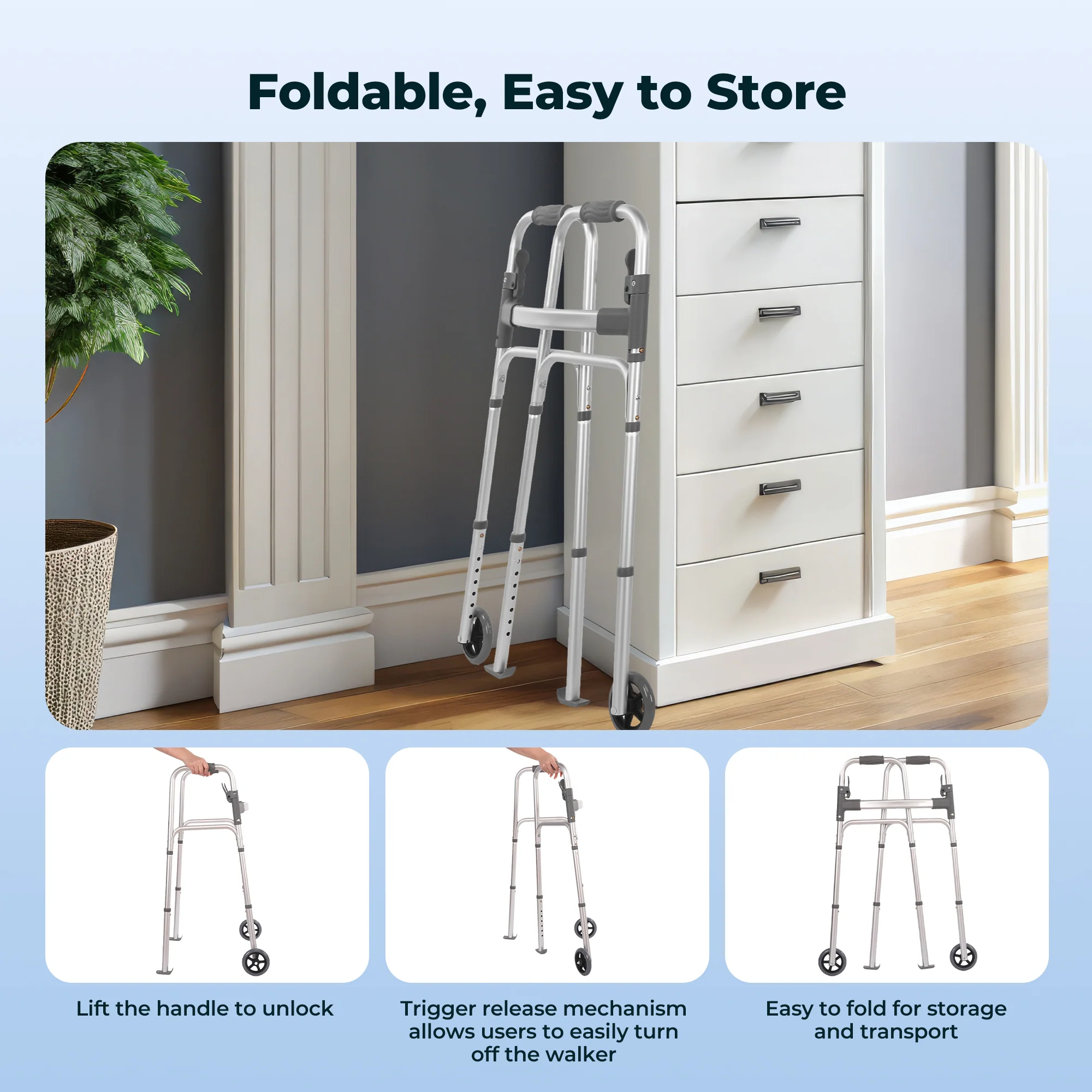 Naipo Compact Folding Walker with Trigger Release and Glide Skis for Seniors Elderly, 5 Inches Front Wheels Support Up to 350lbs, Silver - Image 6