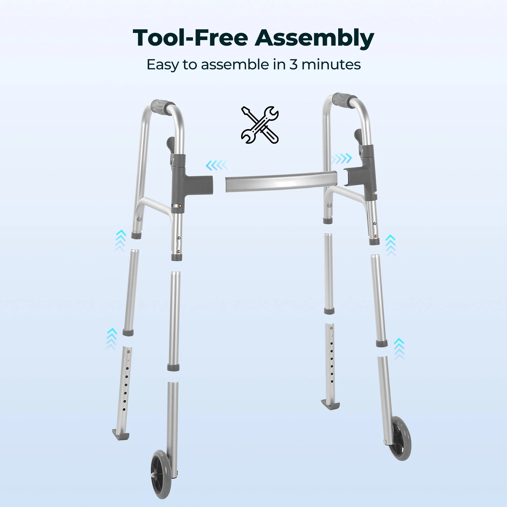 Naipo Compact Folding Walker with Trigger Release and Glide Skis for Seniors Elderly, 5 Inches Front Wheels Support Up to 350lbs, Silver - Image 7