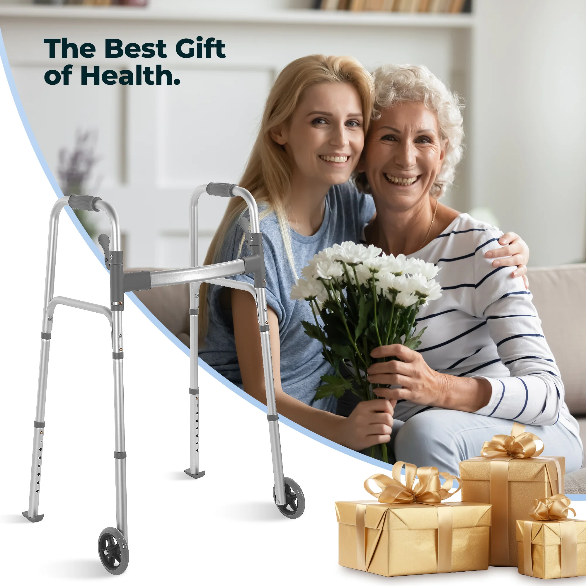 Naipo Compact Folding Walker with Trigger Release and Glide Skis for Seniors Elderly, 5 Inches Front Wheels Support Up to 350lbs, Silver - Image 9