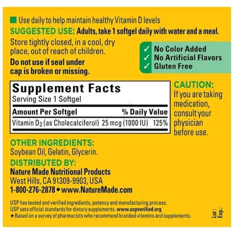 Nature Made Vitamin D3 1000 IU Softgels - 650 Count - Image 4